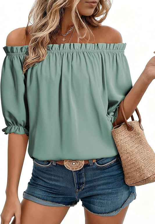 EVALESS Womens Tops Off The Shoulder Blouses for Women Dressy Casual Cute Puff Sleeve T Shirts Fashion 2026 by EVALESS
