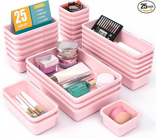 25 PCS Drawer Organizer Set, 4 Size Makeup Drawer Divider Organizer With Non-Slip Pads, Interlocking Plastic Storage Bins for Office,Jewelry Vanity,Gadgets, Bathroom,Kitchen, Pink by StoreHappily