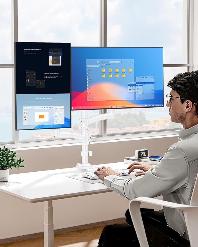 Dual Monitor Stand for 2 Screens up to 32 inch, Vertical Stacked Dual Monitor Mount, Full Motion Adjustable Tall Double Monitor Desk Mount, Each Arm Holds 4.4-22lbs, VESA 75/100mm, White, Freelift - Image 3