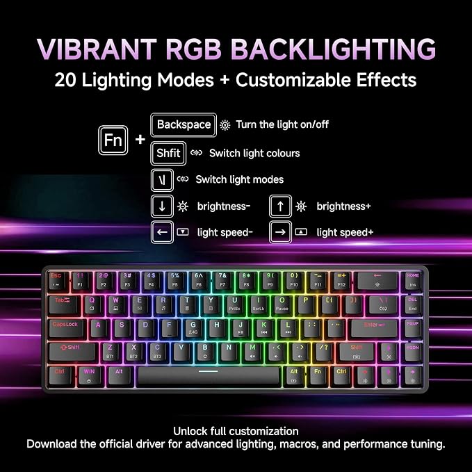 DIERYA DK68 60% Wireless Mechanical Gaming Keyboard, 3-Mode, Bluetooth 5.0/2.4G/USB-C, RGB Backlit, 68-Key Compact Mini for Windows, Mac, Linux - Linear Red Switch - Black - Image 5