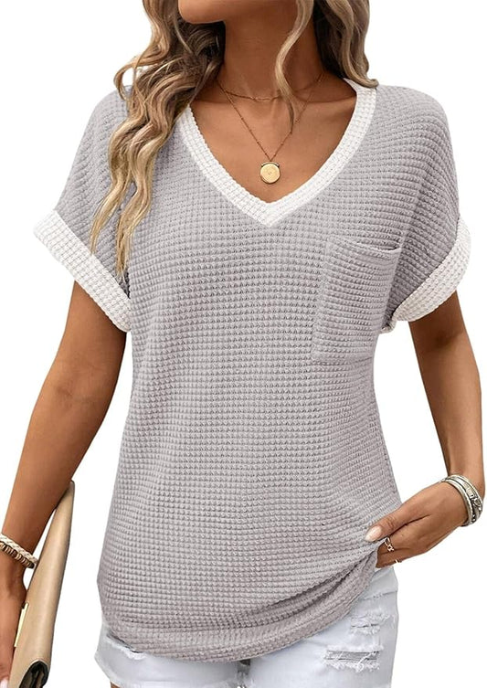 Dokotoo Womens Waffle Knit Tops 2026 Spring Summer V Neck Shirts Casual Trendy Women's Blouses Basic Tee by Dokotoo