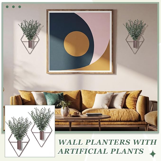 Jexine 8 Pcs Hanging Planters with Artificial Eucalyptus Metal Hanging Vase Indoor Plants Holder Modern Geometric Boho Bathroom Wall Decor for Living Room Home Office, Bronze - Image 6