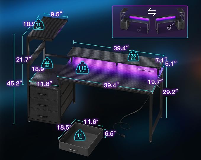 AODK 52 Inch Gaming Desk with USB Charging Ports & LED Light- Reversible Computer Desk with Storage Shelves & Monitor Stand, Modern Gamer Desk Table with Fabric Drawers, Black - Image 3