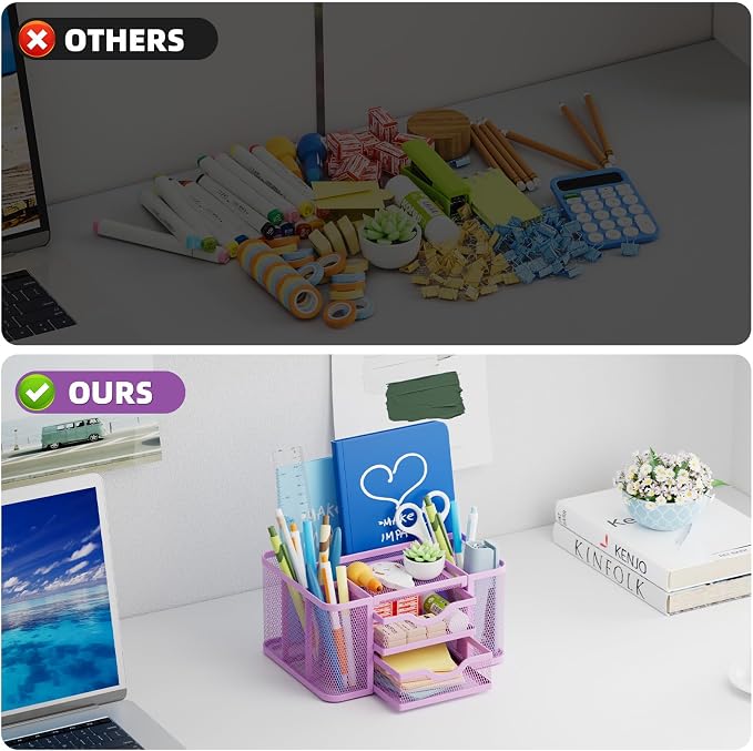 Marbrasse Mesh Desk Organizer, Pen Holder with 2 Drawer, Multi-Functional Pencil Holder, Desk Organizers and Accessories with 5 Compartments + Drawer for Office Art Supplies (Purple) - Image 6