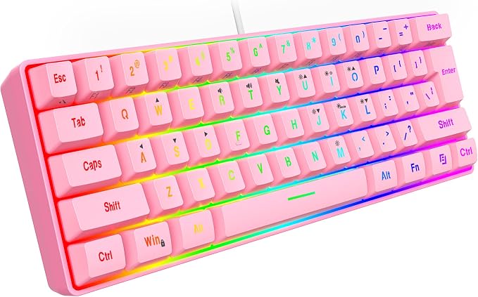 Snpurdiri 60% Wired Gaming Keyboard, 61 Keys RGB Backlit Ultra-Compact Mini Gaming Keyboard for PC/Mac Gamer, Typist, Travel, Easy to Carry on Business Trip(Pink) | Backlit Ultra-Compact Mini Gaming Keyboard for PC/Mac Gamer, Typist, Travel, Easy to Ca... - Image 2