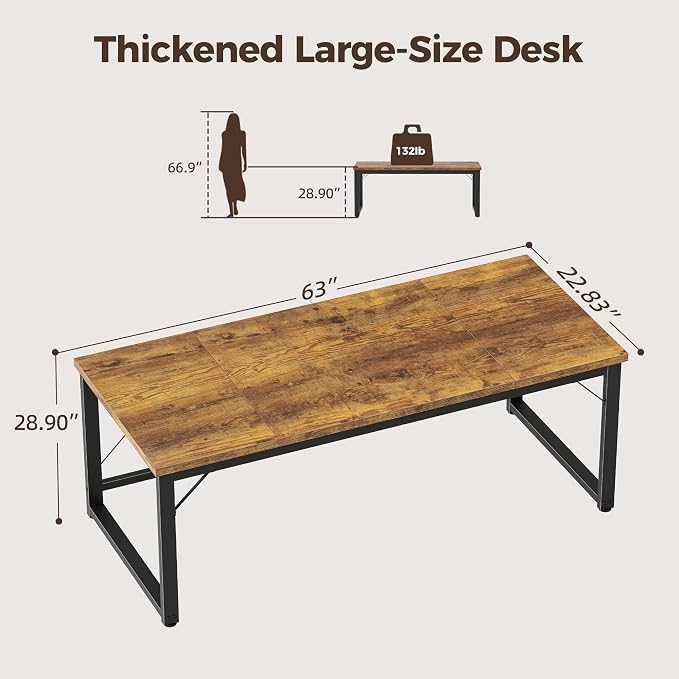 Mericonia 63 Inch Computer Desk, 1" Thick Large Office Table, Brown | Modern Simple Style, Heavy Duty Industrial Frame, Large Study & Writing Table for Home Bedroom Work - Image 2