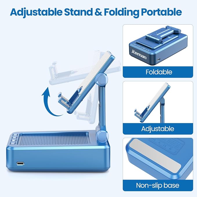 JTEMAN Cell Phone Stand with Bluetooth Speaker, HD Stereo Sound & Anti-Slip Base, Foldable Adjustable Desktop Phone Holder for Home Office, Cool Tech Gadgets Birthday Gifts for Men Women (Blue) - Image 7