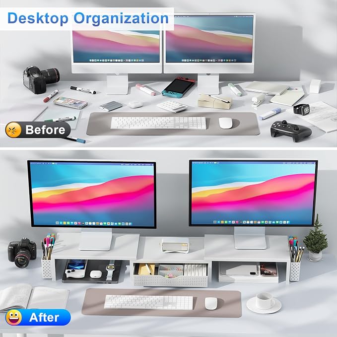 gianotter Dual Monitor Stand Riser, Desk Organizer With Drawer and 2 Pen Holders, Monitor Stand for Desk, Office Decor Essentials (White) - Image 2
