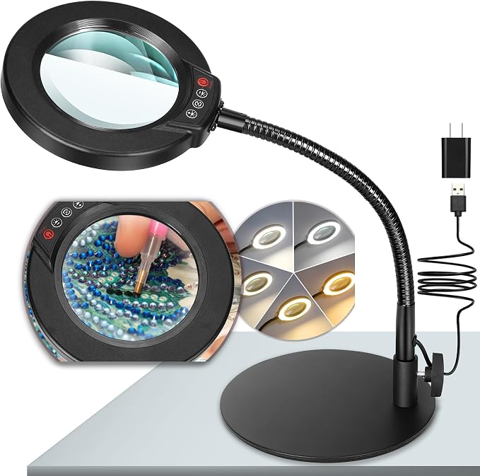 10X Magnifying Glass with Light and Stand, 5 Color Modes Stepless Dimmable LED Lighted Desk Lamp, Hands Free Magnifier with Flexible Goose-Neck for Craft Hobby Painting Sewing Close Work by KRSTLV