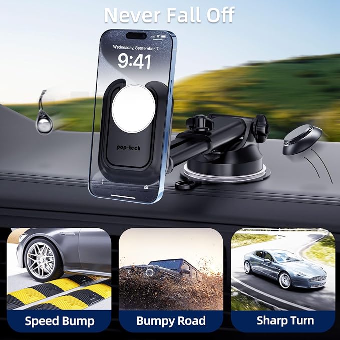 pop-tech Car Phone Mount for Pop Socket: Suction Cup Cell Phone Holders for Automobile Dashboard Windshield Window - Dash Mounted Cellphone Stand Black Fits Thick Socket Wallet Grip for iPhone Samsung - Image 7