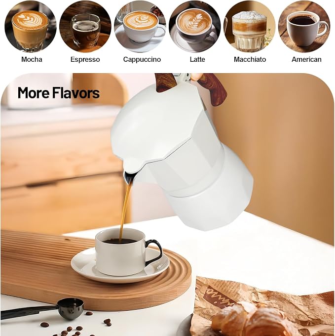 3 Cup Aluminum Moka Pot Classic Stovetop Espresso Coffee Maker 150ml 5oz Coffeemaker Percolator Mocha Pot Greca Coffee Maker Cafe Makers for Italian and Cuban Café Brewing White - Image 7