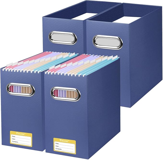 BALEINE File Organizer Box, Cardboard File Folder Organizer with Handle for Letter Size, Portable Collapsible Hanging Filing Box for Home Office Document Storage (4 Pack, Navy) by BALEINE