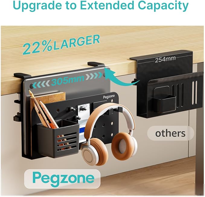 PEGZONE Desk Side Storage Organizer, Fits Flat Edge 0.4" to 2.2", Black | No Drill Under Desk Laptop Holder, Clamp on Desks Shelf with Pegboard Accessories, Hanging Laptop Mount - Image 5