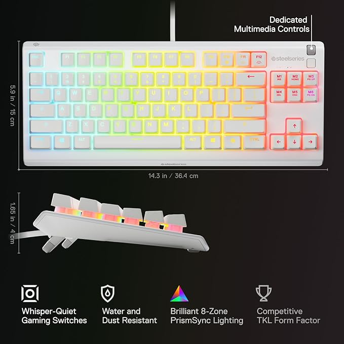 SteelSeries Apex 3 TKL White RGB Gaming Keyboard — Tenkeyless Compact Form Factor — 8-Zone RGB Illumination — Water and Dust Resistant — Whisper-Quiet Gaming Switch - Image 3