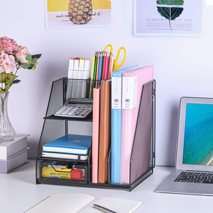Topwey Desk Organizer, File Organizer for Desk with 2-Tier Paper Letter Tray, Drawer and 2 Pen Holder, Mesh Desktop Organization with Magazine Holder for Office Supplies - Image 7