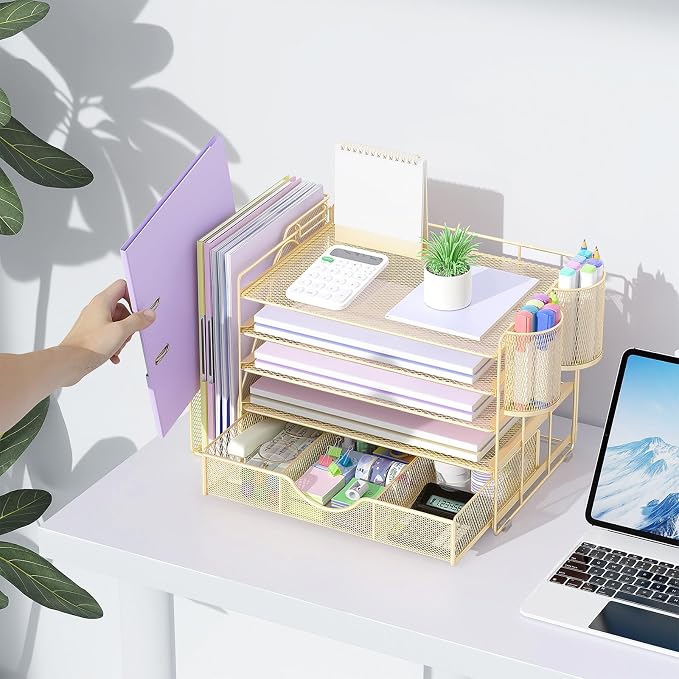 gianotter 5-Tier Desk Organizer with Drawers and File Holders | Letter Trays and Pen Holders - Workspace Accessories for Office Supplies (Gold) - Image 3