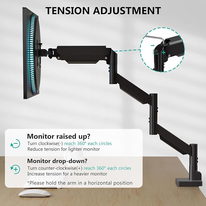 WALI Extra Long Single Monitor Arm for 17-38 inch Screens, up to 26.4 lbs | Tall Monitor Desk Mount, Full Motion with Tilt, Swivel, Rotation, C-Clamp/Grommet Base, VESA 75/100mm (GSMP001L), Black - Image 7