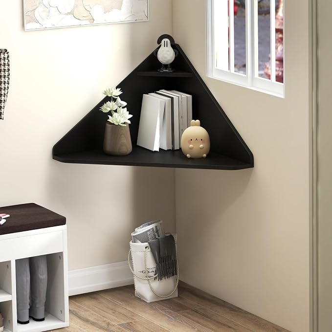 Giantex Corner Floating Desk, Wall Mounted Computer Desk with Storage Shelf, Space-Saving Writing Desk, Triangle Laptop Desk for Living Room, Study, Bedroom, Home Office & Small Spaces (Black) - Image 9