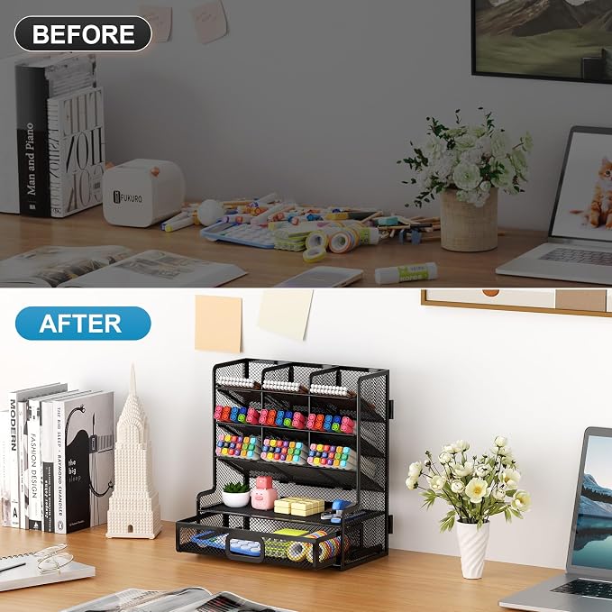 Marbrasse Larger Mesh Desk Organizer with Drawer, Multi-Functional Pen Pencil Holder, Easy Assembly, Desk Organizers and Accessories for Office Art Supplies (Black) - Image 7