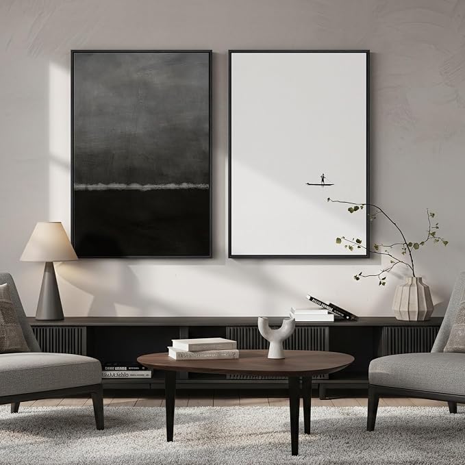 Large Framed Black and White Abstract Wall Art for Living Room, Set of 2 Modern Minimalist Canvas Prints Artwork for Walls, Seascape Pictures for Bedroom Dining Room Hallway Office Wall Decor 24x36 In - Image 2