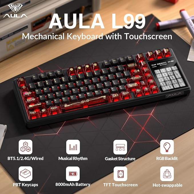 Aula L99 Wireless Mechanical Gaming Creamy Keyboard with Smart Touch Screen | Tri-Mode Hot Swappable Custom Keyboard,RGB Backlit,PBT Keycap,Gasket Mount Creamy Sounding Keyboards for Office PC,84 Keys - Image 2