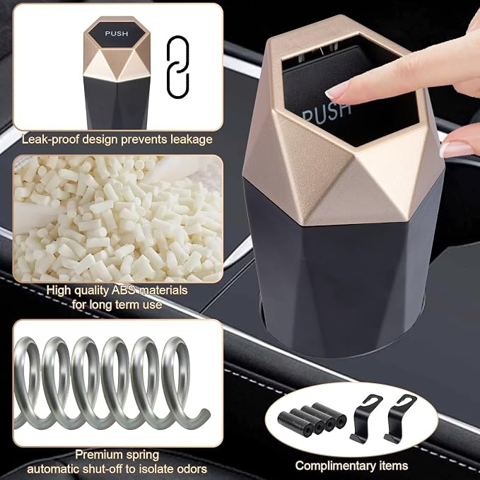 BFXM Car Trash Can, Car Trash Bin with Lid, Car Accessories for Women Interior, Car Garbage Can with Additional 2 ABS Hooks and 60pcs Trash Bags, Suitable for Home, Office, Car Organizer, Gold - Image 4