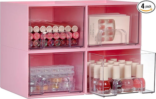 Vtopmart 4 Pack Small Clear Stackable Storage Drawers, Acrylic Bathroom Makeup Organizer, Plastic Storage Bins for Vanity, Undersink, Kitchen Cabinets, Pantry, Home Organization,Pink by Vtopmart