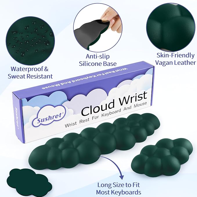 Sushret Cloud Wrist Rest Keyboard, Cloud Keyboard Wrist Pad Set with PU Leather Memory Foam, Cute Arm Rest for Palm Support, PC/Gaming Desk Accessories/Office Setup/Computer Hand Cushion - Dark Green - Image 5