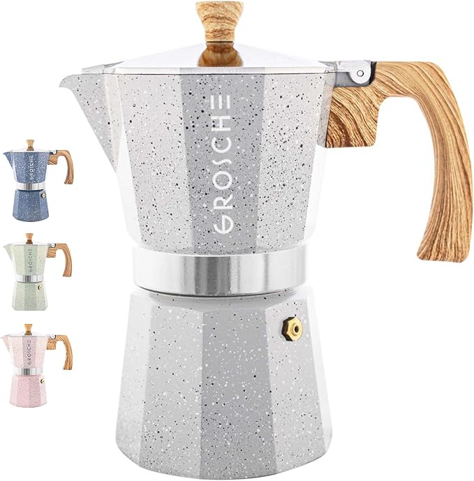 GROSCHE Milano Moka pot, Stovetop Espresso maker, Greca Coffee Maker, Stovetop coffee maker and espresso maker percolator (Grey, 9 cup) | Cuban Coffee Maker And Italian Moka Pot For Stovetop Espresso; For Gas, Electric, And Propane Stoves With A Soft-T... by GROSCHE