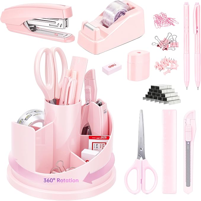 deli Office Supplies Set, Desk Accessory Organizer Kit, Pink | Stationary Set, Desk Supplies with Rotating Multi-Functional Pen Holder &Stapler Set for Office, School, Home by delioffice