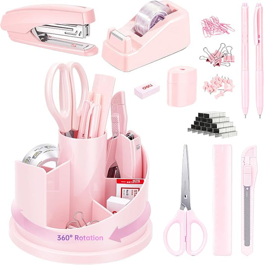 deli Office Supplies Set, Desk Accessory Organizer Kit, Pink | Stationary Set, Desk Supplies with Rotating Multi-Functional Pen Holder &Stapler Set for Office, School, Home by delioffice