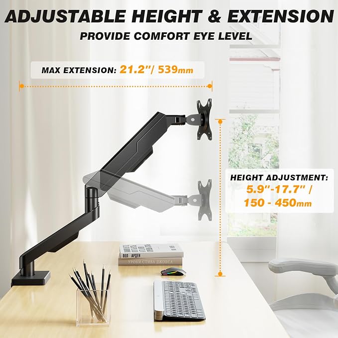 5Rcom Single Monitor Arm for 13-35 Inch Computer Screens | Fully Adjustable Heavy Duty Mount, Holds 22lbs, Fast Install, Cable Management, Black - Image 4