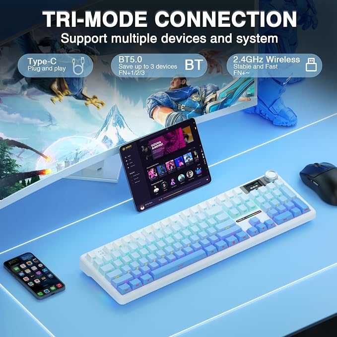 AULA F108 PRO - Wireless Mechanical Keyboard with Screen&Knob,Hot Swappable Gaming Keyboard with 8000mAh Battery,Pre-lubed Switches,RGB Backlit,PBT Keycaps Creamy Sounding Computer Keyboards,104 Keys - Image 4
