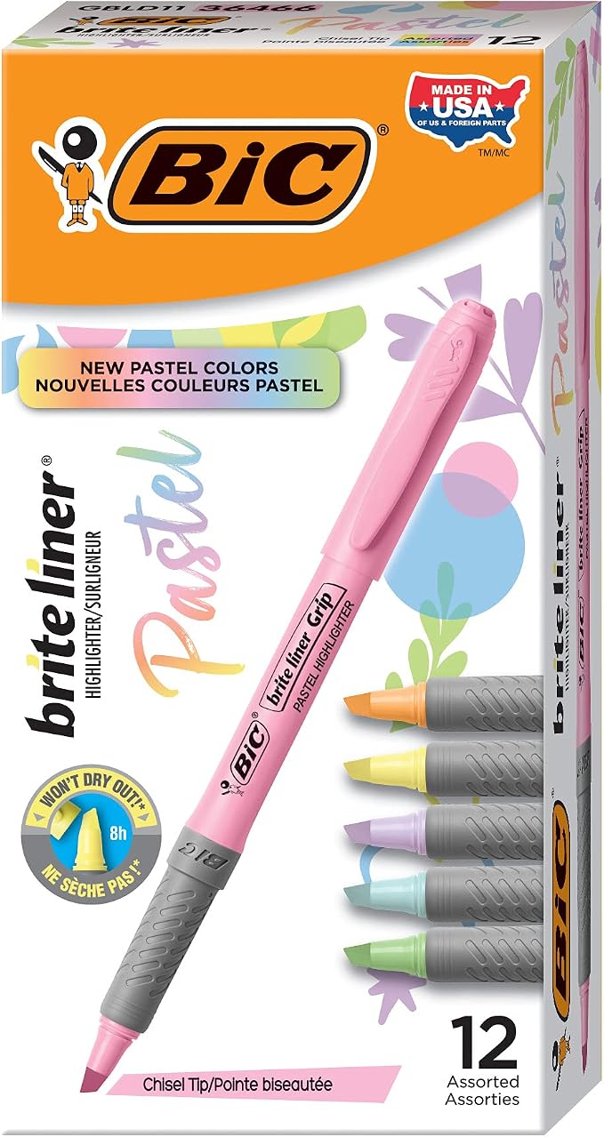 BIC Brite Liner Grip Pastel Highlighter Set, Chisel Tip, Pack of Pastel Highlighters in Assorted Colors (colors may vary), Cute Highlighters for Bullet Journaling, Note Taking and More (Pack of 18) - Image 2