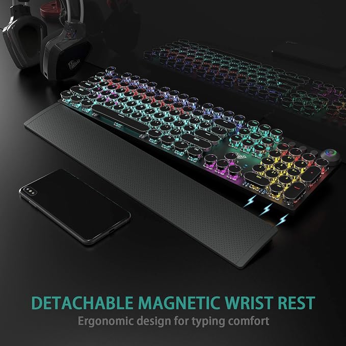 AULA F2088 Typewriter Style Mechanical Gaming Keyboard Wired,Blue Switches,Rainbow LED Backlit,Removable Wrist Rest,Media Control Knob,Retro Punk Round Keycaps,USB Wired Computer Keyboard - Image 4