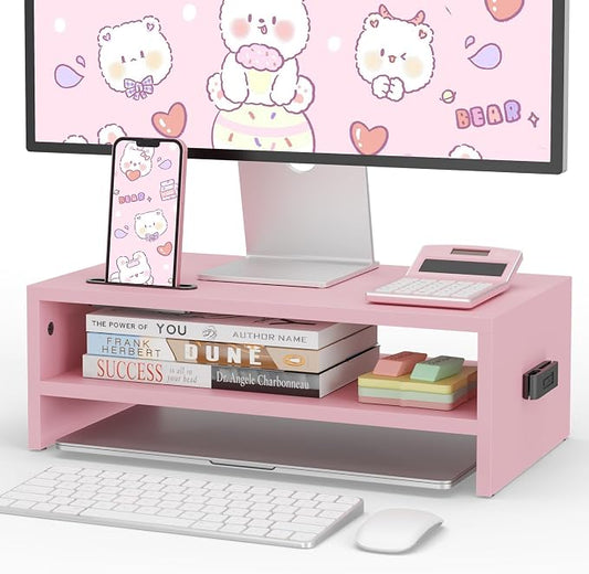 BONTEC Wooden Monitor Stand Riser, 2-Tier Desk Shelf with Storage Organizer, Ergonomic Computer Stand with Cable Management, Cellphone Holder, Pink, 16.5 Inch by BONTEC