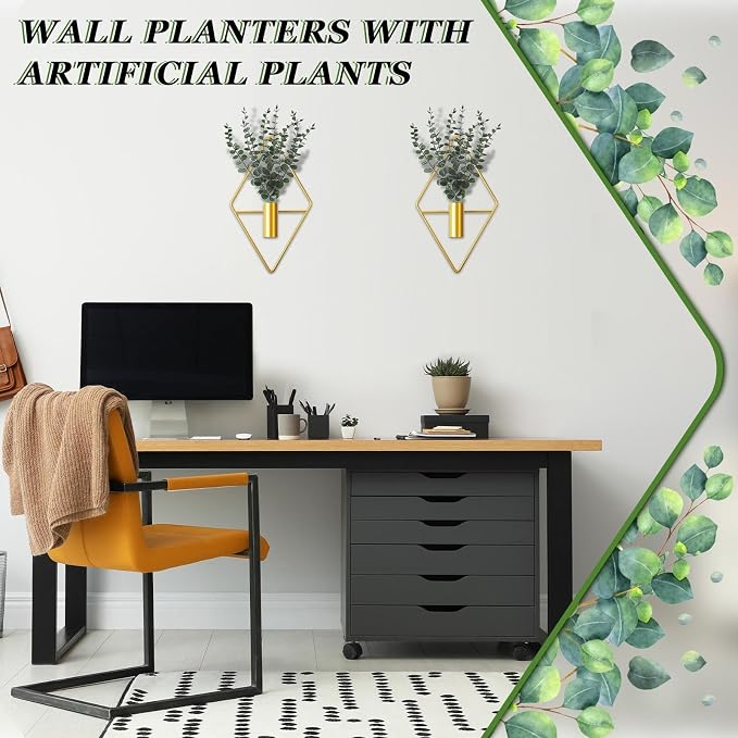 Jexine 8 Pcs Hanging Planters with Artificial Eucalyptus Metal Hanging Vase Indoor Plants Holder Modern Geometric Boho Bathroom Wall Decor for Living Room Home Office (Eucalyptus,Gold) - Image 7