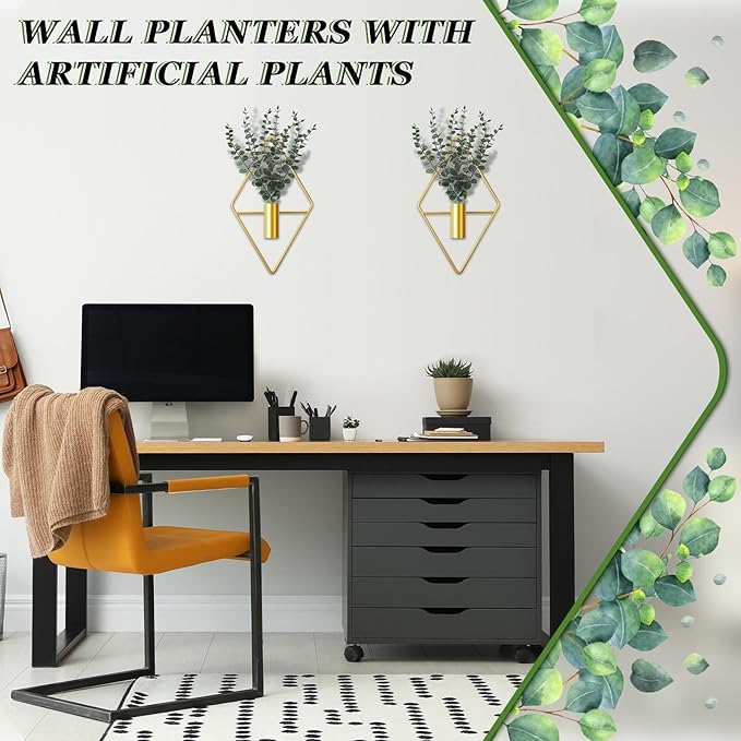 Jexine 4 Pcs Hanging Planters with Artificial Eucalyptus Metal Hanging Vase Indoor Plants Holder Modern Geometric Boho Bathroom Wall Decor for Living Room Home Office (Eucalyptus,Gold) - Image 7