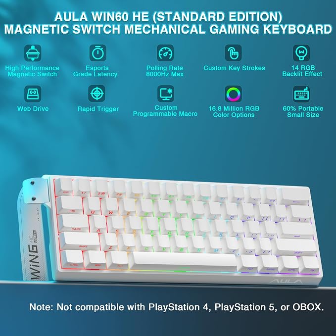Aula WIN60 HE - 60% Mechanical Gaming Keyboard Wired, Hall Effect Magnetic Switch Hot Swappable, Adjustable Actuation RT Mode, 8000 Hz Polling Rate, RGB Keyboard 60 Percent Compact Design for PC - Image 2