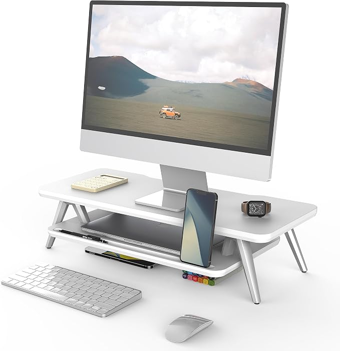 Fenge Monitor Stand, Monitor Stands Riser for Desk, 23.6 Inch Wood Desk Shelf with Storage Organizer and Cable Management for Office Desk Accessories by Fenge
