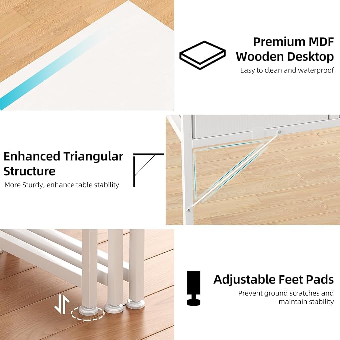 CAIYUN Small White Desk with Fabric Drawers for Bedroom, 31 Inch Home Office Desk with Side Pocket and Hook for Small Space, Makeup Vanity Desks Kid’s Desks to Writing Made of Wood and Metal, White - Image 5