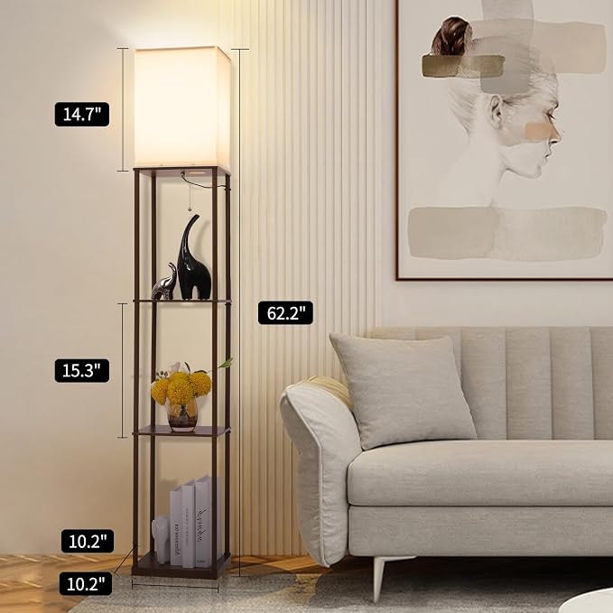 Gupuzm Floor Lamp with Shelves, Modern Square Standing Lamp with 3 Color Temperature Bulb, Corner Display Bookshelf Lamp for Living Room, Bedroom and Office(Brown-2 Pack) - Image 4