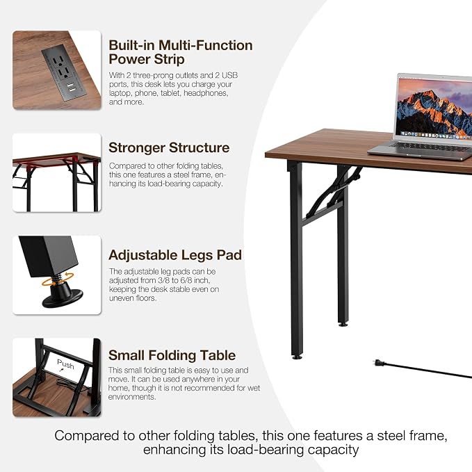 TEMI Small Computer Desk Folding Table - No Assembly, Compact 43.3" Foldable Desk with Power Outlets & USB Charging Port, Portable Small Office Desk, Ideal Mini Study Table for Narrow Spaces, Walunt - Image 9
