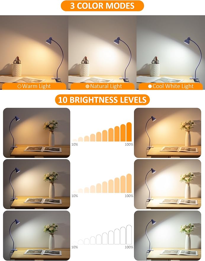 LiFMIRA Desk Lamp Clip on Lamp for Bed, LED Reading Light for Bed Purple | 3 Colors 10 Dimmable Brightness, LED Book Light for Reading in Bed Flexible Clip on Light Clamp Lamp for Bed Headboard Desk - Image 2