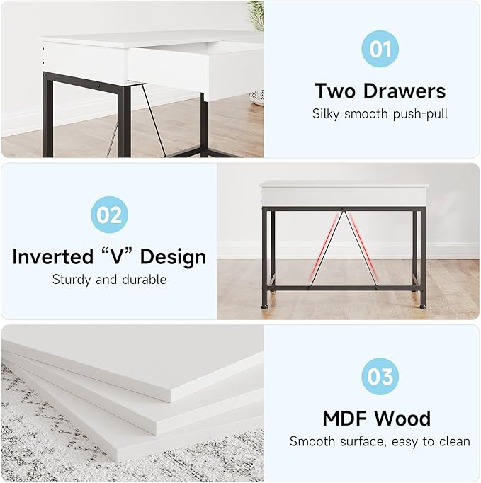 Mexin Small White Desk with 2 Wooden Drawers, 40 Inch Home Office Writing Desk, White Vanity Desk with Storage, Computer Desk for Bedroom Small Spaces, Table for Office, Work, Kids Study, Makeup - Image 5