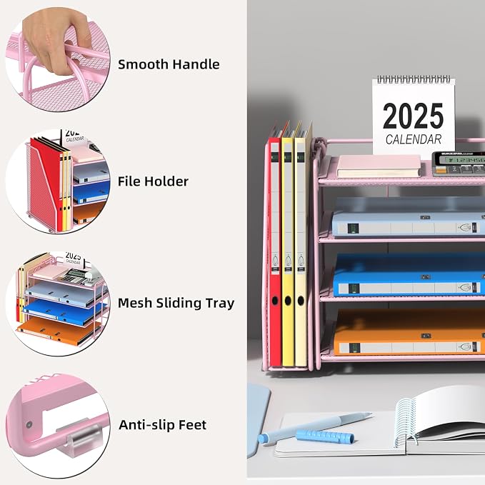 Spacrea Desk Organizers and Accessories, Paper Organizer for Desk with File organizer, Desk Accessories & Workspace Organizers for Office Supplies (Pink) - Image 3