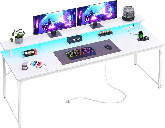 PRAISUN 63 inch Gaming Desk, LED & Power Outlets, Monitor Stand, White | Sturdy PC Desk for Home Office, Study & Work, LED Lights, 4 AC Outlets & USB-C Charging Station by PRAISUN