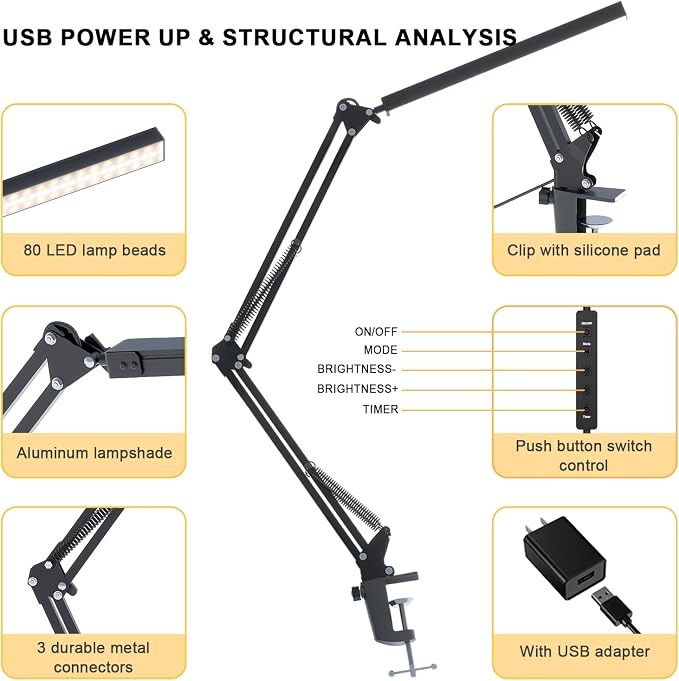 TROPICALTREE LED Desk Lamp for Home Office and Round Base, Clamp-On with 5 Light Modes & Auto Shut Off | 14W Adjustable Brightness 5000K Eye-Caring Lighting for Study/Bedroom/Computer Desk - Image 4