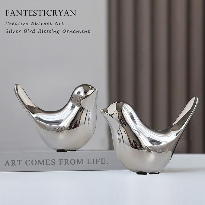 FANTESTICRYAN Small Birds Statues Gold Home Decor Modern Style Figurine Decorative Ornaments for Living Room, Bedroom, Office Desktop, Cabinets (M&L, Silver) - Image 2