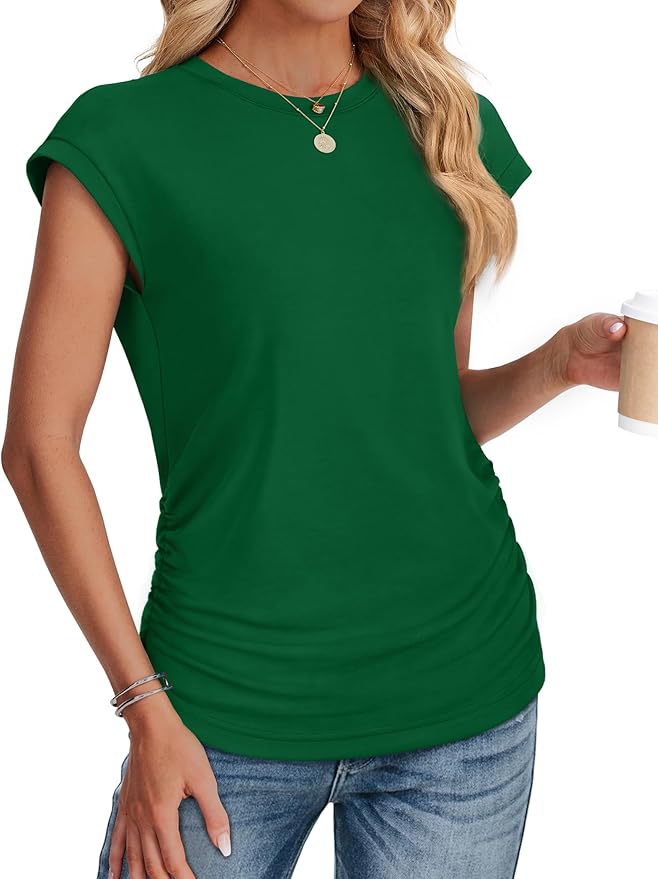 Sampeel Womens Summer Tops Trendy 2026 Ruched Cap Short Sleeve Tshirts Shirts Crew Neck T Shirts Fashion - Image 3